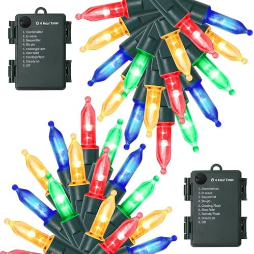2 Pack 50 LED Outdoor Christmas Lights, 16FT Battery Operated Mini String Lights with 8 Modes & Timer, Xmas Tree