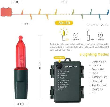 2 Pack 50 LED Outdoor Christmas Lights, 16FT Battery Operated Mini String Lights with 8 Modes & Timer, Xmas Tree, alternate
