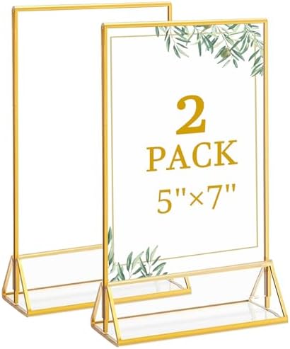2 Pack 5x7 Inch Clear Acrylic Sign Holders, Gold Border Double-Sided Vertical Picture Frames & Display Stands