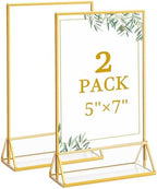 2 Pack 5x7 Inch Clear Acrylic Sign Holders, Gold Border Double-Sided Vertical Picture Frames & Display Stands