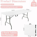 2 Pack 6 Feet Portable Folding Table White, Steel Legs Fold-in-Half with Carrying Handle Rectangular Plastic, alternate view