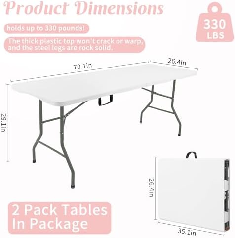 2 Pack 6 Feet Portable Folding Table White, Steel Legs Fold-in-Half with Carrying Handle Rectangular Plastic, alternate view