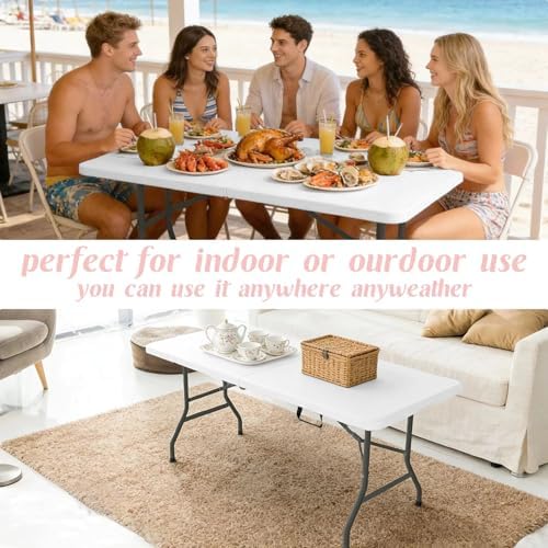 2 Pack 6 Feet Portable Folding Table White, Steel Legs Fold-in-Half with Carrying Handle Rectangular Plastic, alternate view