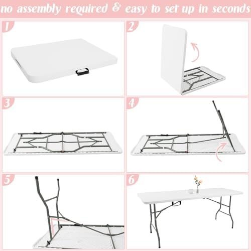 2 Pack 6 Feet Portable Folding Table White, Steel Legs Fold-in-Half with Carrying Handle Rectangular Plastic, alternate view