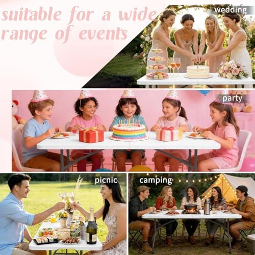 2 Pack 6 Feet Portable Folding Table White, Steel Legs Fold-in-Half with Carrying Handle Rectangular Plastic, alternate view
