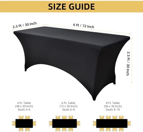 2-Pack 6ft Black Spandex Table Covers for Rectangle Standard Folding Tables - Wrinkle Resistant Stretch, alternate view 2