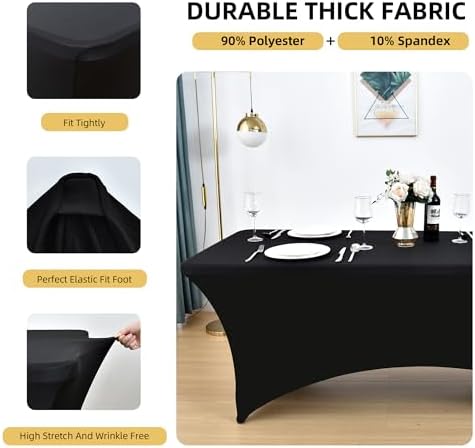 2-Pack 6ft Black Spandex Table Covers for Rectangle Standard Folding Tables - Wrinkle Resistant Stretch, alternate view 3