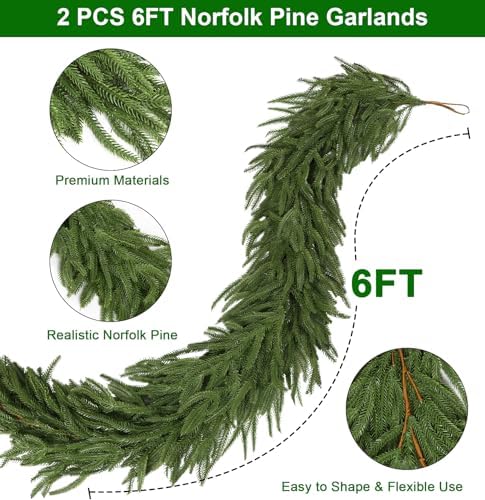 2 Pack 6FT Christmas Norfolk Pine Garland, Realistic Green Artificial Pine Garland, Unlit Christmas Greenery for, alternate