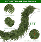 2 Pack 6FT Christmas Norfolk Pine Garland, Realistic Green Artificial Pine Garland, Unlit Christmas Greenery for, alternate