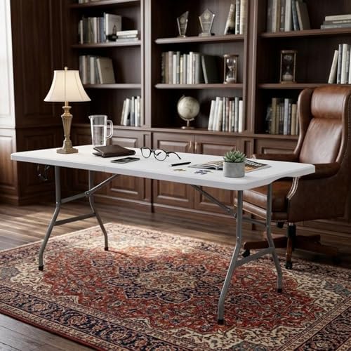 2 Pack 6ft Table Large Folding Table White Folding Table with Portable Carrying Handle 6ft Heavy Plastic, alternate view 2