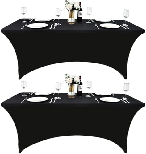 2-Pack 8ft Black Spandex Table Covers for Rectangle Folding Tables - Washable Elastic Tablecloth - Ultimate