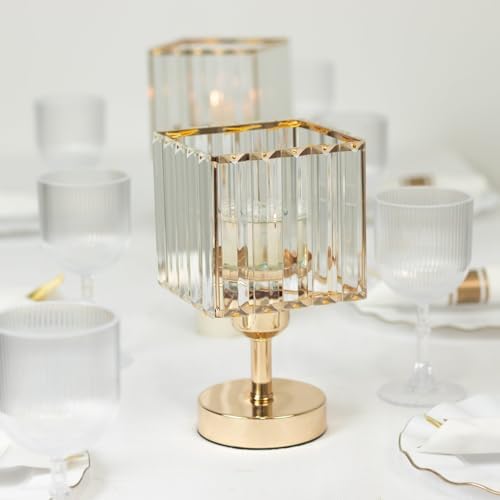 2-Pack 9" Gold Square Hurricane Candle Holders, Crystal Pendant Pillar Votive Stand for Modern Wedding