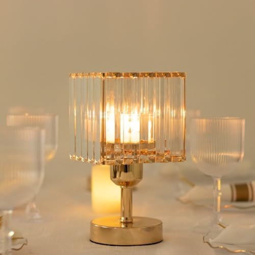 2-Pack 9" Gold Square Hurricane Candle Holders, Crystal Pendant Pillar Votive Stand for Modern Wedding, alternate view 3