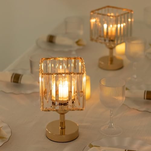 2-Pack 9" Gold Square Hurricane Candle Holders, Crystal Pendant Pillar Votive Stand for Modern Wedding, alternate view 5