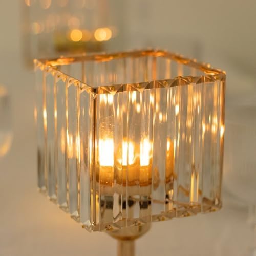 2-Pack 9" Gold Square Hurricane Candle Holders, Crystal Pendant Pillar Votive Stand for Modern Wedding, alternate view 7