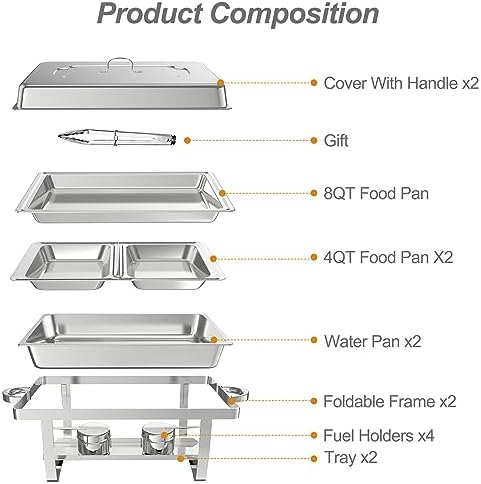 2 Pack 9QT Rectangle Stainless Steel Chafing Dish Buffet Set in Silver, alternate view 4