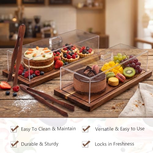 2 Pack Acacia Rectangle Cake Stand with Acrylic Lids, Walnut in Walnut, alternate view 5