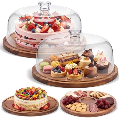 2 Pack Acacia Wood Cake Stand Serving Tray with Acrylic Lid, Charcuterie Table Display Set, 12 x 12 Inches
