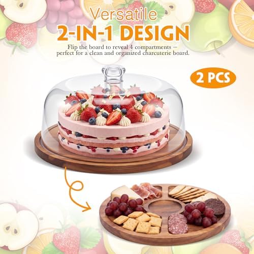 2 Pack Acacia Wood Cake Stand Serving Tray with Acrylic Lid, Charcuterie Table Display Set, 12 x 12 Inches, alternate view 3
