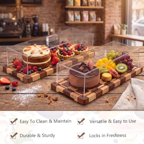 2 Pack Acacia Wood Checkerboard Cake Stand Serving Tray with Acrylic Lid, 15 x 6 x 4 Inches Charcuterie Table, alternate view