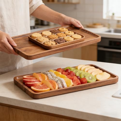 2 Pack Acacia Wood Serving Tray,13.8x7.9 Inch Trays, Home Decor in 13.8x7.9 Inch in Brown, alternate view 2