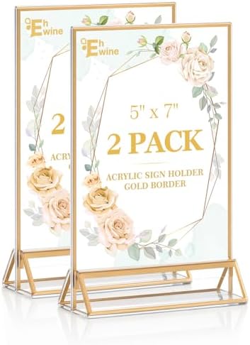 2 Pack Acrylic Sign Holder 5 x 7, Double Sided Gold Picture Frame Stand up Table Top Sign Holders, Clear Display