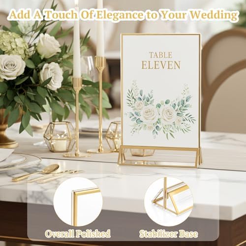 2 Pack Acrylic Sign Holder 5 x 7, Double Sided Gold Picture Frame Stand up Table Top Sign Holders, Clear Display, alternate