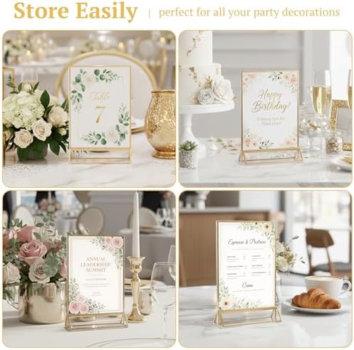 2 Pack Acrylic Sign Holder 5 x 7, Double Sided Gold Picture Frame Stand up Table Top Sign Holders, Clear Display, alternate