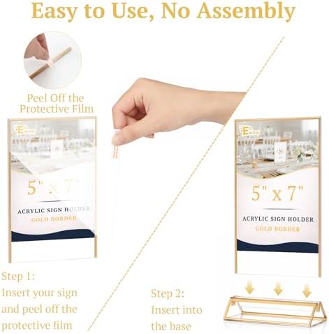 2 Pack Acrylic Sign Holder 5 x 7, Double Sided Gold Picture Frame Stand up Table Top Sign Holders, Clear Display, alternate