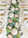 2 Pack Artificial Eucalyptus Flower Garland with 16 White Peony Pink Rose, 13Ft Baby Breath Fake Flowers