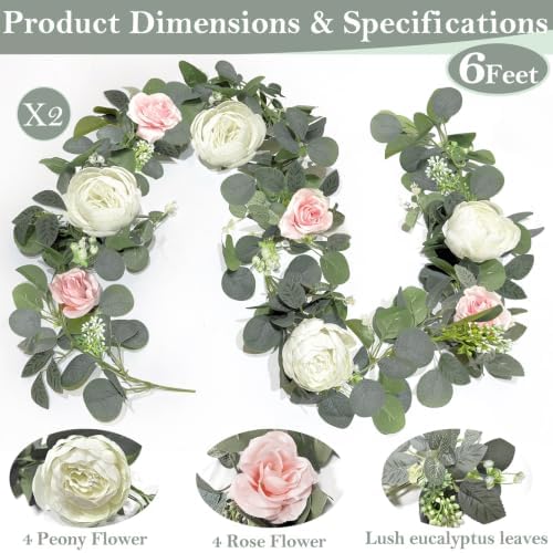 2 Pack Artificial Eucalyptus Flower Garland with 16 White Peony Pink Rose, 13Ft Baby Breath Fake Flowers, alternate view 2
