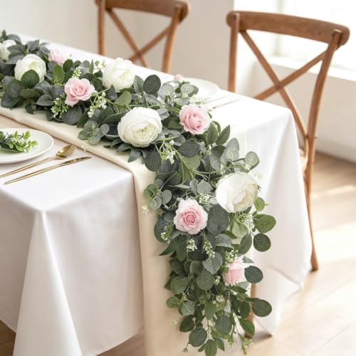 2 Pack Artificial Eucalyptus Flower Garland with 16 White Peony Pink Rose, 13Ft Baby Breath Fake Flowers, alternate view 3