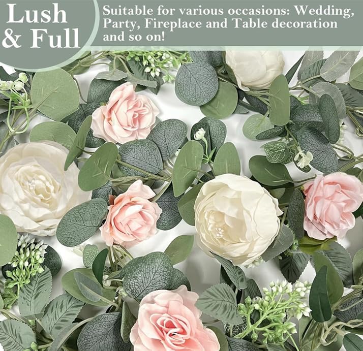2 Pack Artificial Eucalyptus Flower Garland with 16 White Peony Pink Rose, 13Ft Baby Breath Fake Flowers, alternate view 4