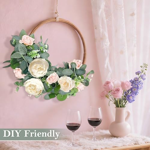 2 Pack Artificial Eucalyptus Flower Garland with 16 White Peony Pink Rose, 13Ft Baby Breath Fake Flowers, alternate view 5
