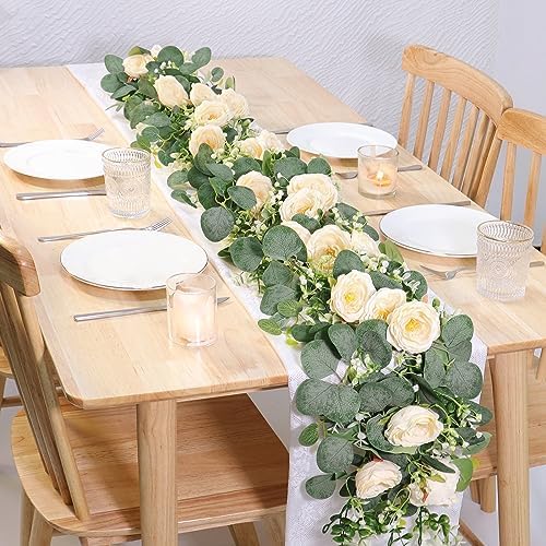2 Pack Artificial Eucalyptus Flower Garland with Champagne Roses, alternate view 3