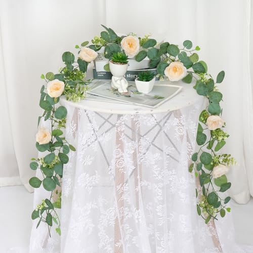 2 Pack Artificial Eucalyptus Flower Garland with Champagne Roses, alternate view 5