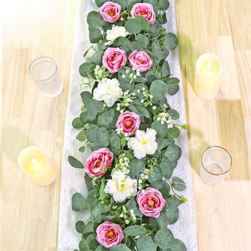 2 Pack Artificial Eucalyptus Flower Garland with Pink White Roses