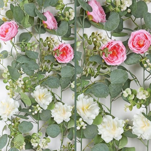 2 Pack Artificial Eucalyptus Flower Garland with Pink White Roses, alternate view 6