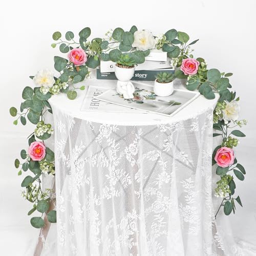 2 Pack Artificial Eucalyptus Flower Garland with Pink White Roses, alternate view 7