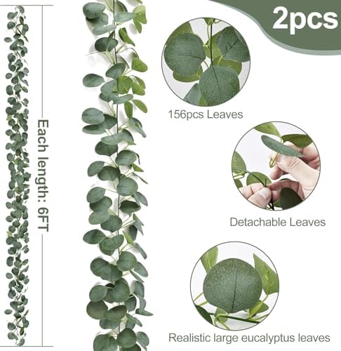 2 Pack Artificial Eucalyptus Garland: 12ft Silver Dollar Eucalyptus Leaves Vines with 156 Leaves - Handmade Faux, alternate