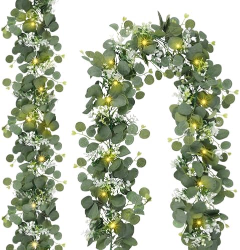 2 Pack Artificial Eucalyptus Garland with Lights, 6FT Artificial Greenery Summer Garlands, Battery Operated Twig