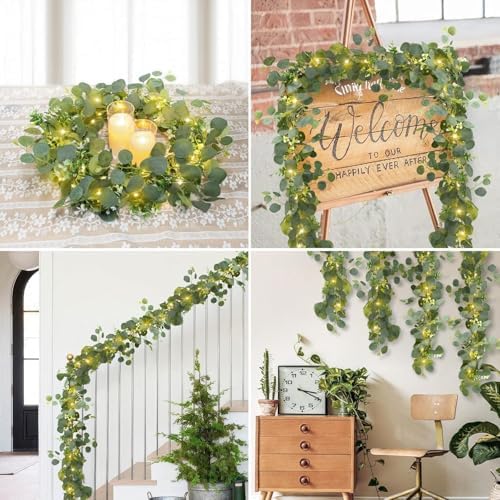 2 Pack Artificial Eucalyptus Garland with Lights, 6FT Artificial Greenery Summer Garlands, Battery Operated Twig, alternate