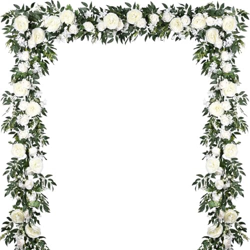 2 Pack Artificial Peony Flower Garland - 6ft Silk Peony Vine Willow Leaves Garland White Arch Flower Vine for