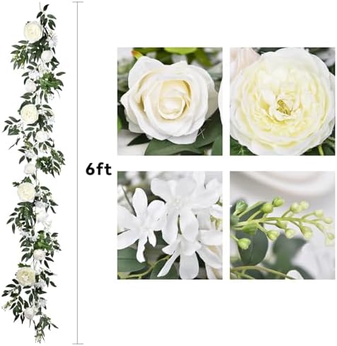 2 Pack Artificial Peony Flower Garland - 6ft Silk Peony Vine Willow Leaves Garland White Arch Flower Vine for, alternate view