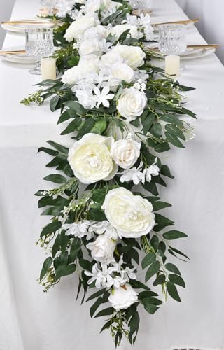 2 Pack Artificial Peony Flower Garland - 6ft Silk Peony Vine Willow Leaves Garland White Arch Flower Vine for, alternate view