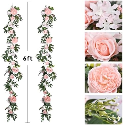 2 Pack Artificial Peony Flower Garland - 6ft Silk Peony Vine Willow Leaves Garland Pink Arch Flower Vine for, alternate view