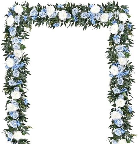 2 Pack Artificial Peony Flower Garland - 6ft Silk Peony Vine Willow Leaves Garland Blue and White Arch Flower