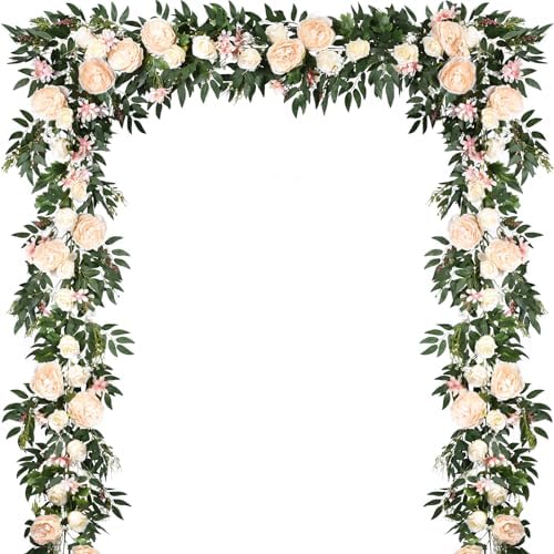 2 Pack Artificial Peony Flower Garland - 6ft Silk Peony Vine Willow Leaves Garland Champagne Arch Flower Vine