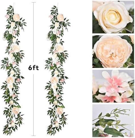 2 Pack Artificial Peony Flower Garland - 6ft Silk Peony Vine Willow Leaves Garland Champagne Arch Flower Vine, alternate view