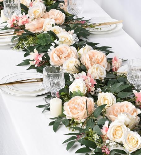 2 Pack Artificial Peony Flower Garland - 6ft Silk Peony Vine Willow Leaves Garland Champagne Arch Flower Vine, alternate view